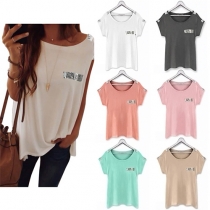 Fashion Solid Color Short Sleeve Round Neck Sequin Spliced T-shirt