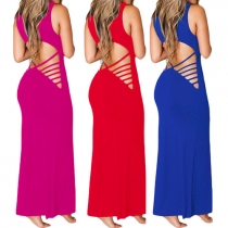 Sexy Backless Sleeveless Round Neck Solid Color Party Dress