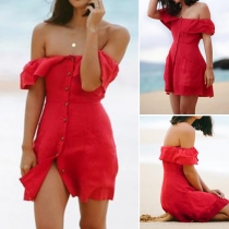 Sexy Slash Neck Single-breasted Solid Color Dress