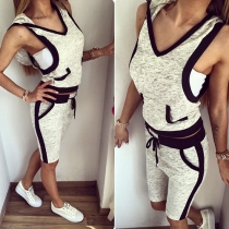 Sports Style Sleeveless Hooded Tops + High Waist Shorts Sports Suit