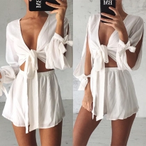Sexy Lace-up Long Sleeve Tops + High Waist Shorts Two-piece Set