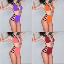 Sexy Solid Color Hollow Out High Waist Halter Bikini Set