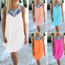 Fashion Printed Spliced Sleeveless Round Neck Loose Beach Dress