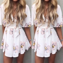 Sexy Deep V-neck Short Sleeve Printed Rompers