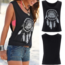 Fashion Sleeveless Round Neck Hollow Out Printed T-shirt