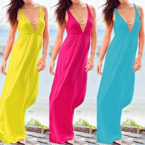 Sexy Deep V-neck Sleeveless Solid Color Beach Maxi Dress