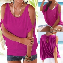 Sexy Off-shoulder Short Sleeve Round Neck Solid Color T-shirt