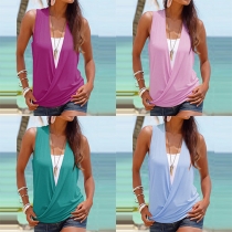 Fashion Contrast Color Sleeveless V-neck Mock Two-piece Tops 