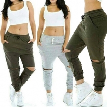 Casual Style Solid Color Elastic Waist Ripped Pants