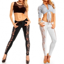 Sexy Lace Spliced Hollow Out Skinny Trousers