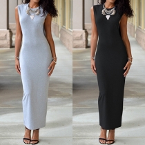 Elegant Solid Color Sleeveless Back Split Hem Maxi Dress