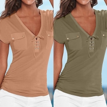 Casual Style V-neck Two-side Pockets Short Sleeves T-shirt 