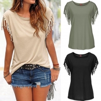 Casual Style Solid Color Round Neck Tassels Knotted T-shirt