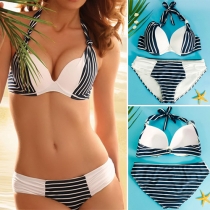 Sexy Black and White Striped Halter Bikini Swimwear Set