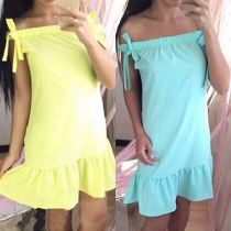 Sweet Solid Color Strapless Bow Ruffle Hem Dress