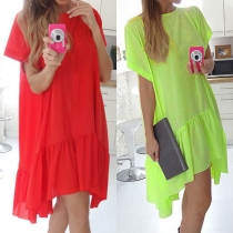 Cozy Style Solid Color Round Neck Ruffle Hem Dress