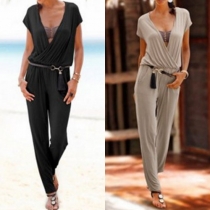 Sexy Solid Color Deep V-neck Short Sleeves Jumpsuit