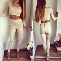 Sexy Solid Color Round Neck Crop Tops and Pants Set