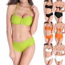 Sexy Solid Color Push-up Halter Bikini Set