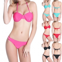 Sexy Solid Color Underwire Halter Bikini Set