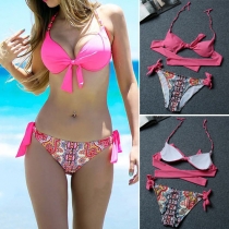 Sexy Pink Halter Bra + Printed Briefs Bikini Set