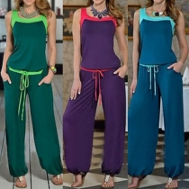 Fashion Contrast Color Sleeveless Round Neck Chiffon Jumpsuits