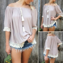 Sweet Lace Spliced Off Shoulder 1/2 Sleeve Drawstring Tops