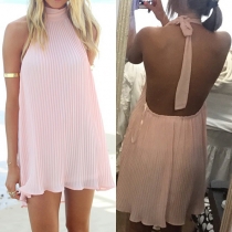 Sexy Pink Mock Neck Whorl Sleeveless Halter Dress