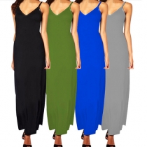 Concise Style Solid Color V-neck Sleeveless Sling Maxi Dress