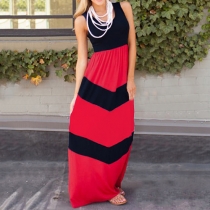 Sweet Round Neck Sleeveless Striped Printed Maxi Dress