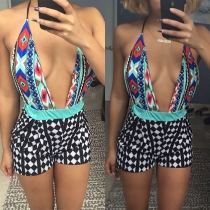 Sexy Backless Deep V-neck Colorful Printed Rompers