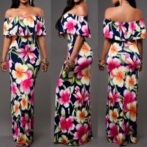 Bohemian Style Slash Neck High Waist Floral Print Maxi Dress