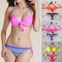 Sexy Contrast Color Printed Push-up Halter Bikini Set