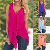 Fashion Solid Color Sleeveless V-neck Irregular Hem Chiffon Tops