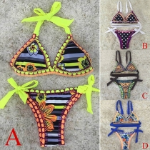 Sexy Flowers Printed Knit Halter Bikini Swimsuit Set