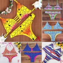 Sexy Printed Hollow Out Halter Bikini Swimwear Set