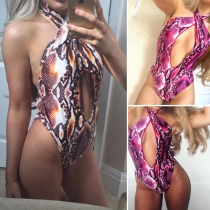 Sexy Snakeskin Printed Cross Wrap Halter One-piece Bikini Swimsuit