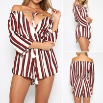 Sexy Off Shoulder V-neck Vertical Stripes Gathered Waist Romper