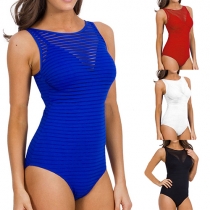 Sexy Solid Color Round Neck Sleeveless See-through One-piece Bikini Swimwear