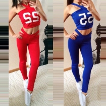 Sexy Numeric Printed Cross Halter Crop Tops and Trousers Set