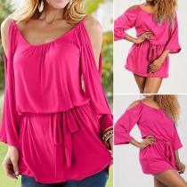 Sexy Solid Color Round Neck Cold Shoulder Long Sleeves Tops