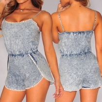 Sexy Round Neck Gathered Waist Sleeveless Denim Sling Romper