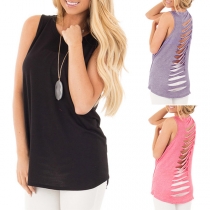 Solid Color Round Neck Cut-out Back Sleeveless Tops