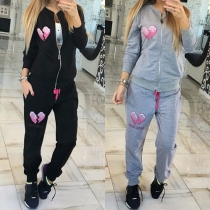 Casual Style Heartbroken-shaped Printed Long Sleeves Tops and Trousers Sports Set