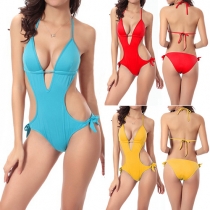 Sexy Solid Color Deep V-neck Halter One-piece Bikini Swimwear