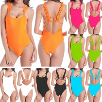 Sexy Solid Color Round Neck Laciness Sling One-piece Bikini Swimwear