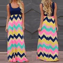Fashion Sleeveless Round Neck Colorful Wave-striped Maxi Dress