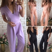 Sexy Deep V-neck Short Sleeve High Waist Solid Color Jumpsuits