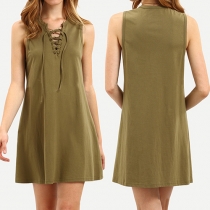 Fashion Solid Color Sleeveless Lace-up V-neck Dress