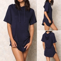 Fashion Solid Color Short Sleeve Hooded T-shirt Dress